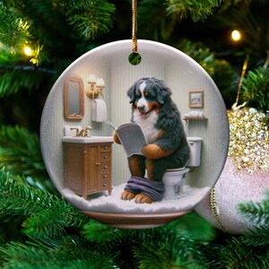 Bernese Mountain Dog Sitting on Toilet Scene Ceramic Ornament, Dog Bathroom Art, Pup Restroom Gifts, Dog Reading a Magazine, Trendy Dog Gift