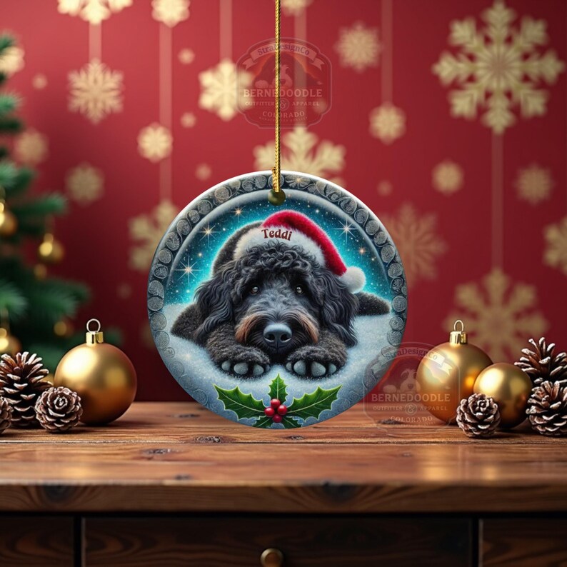 Black goldendoodle ceramic ornament with two sided design.  Black golden doodle , black bernedoodle dog decor.