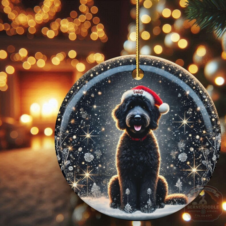 May include: Round Christmas ornament featuring a black dog wearing a Santa hat with the name "Teddi" on it. The ornament has a winter scene with snowflakes and stars. The background is blurred with Christmas lights.