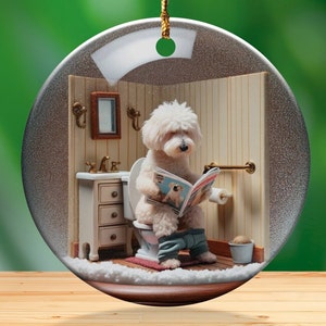 Funny Dog Toilet - Ceramic Ornament - Sublimation Print, Goldendoodle Restroom Keepsake image 1