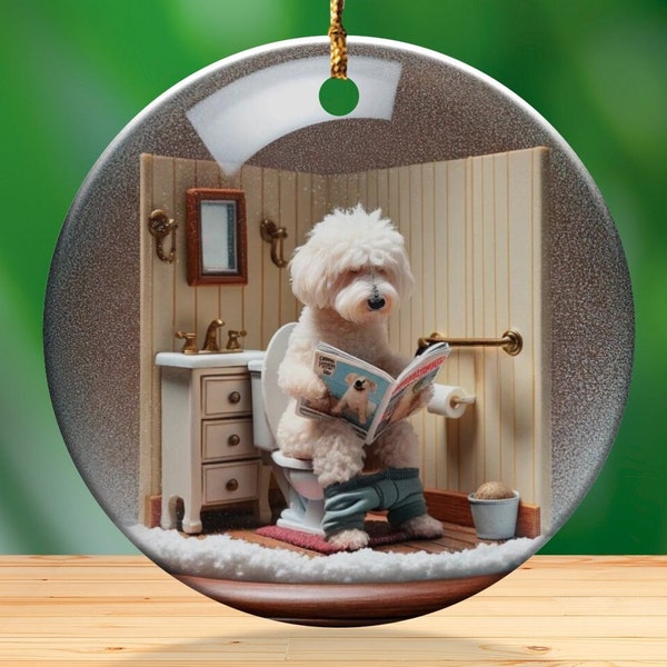 Funny Dog Toilet Scene Ceramic Ornament, White Goldendoodle Bathroom Art, Golden Pup Restroom Gifts, Dog reading a Magazine, Trendy Dog Mama
