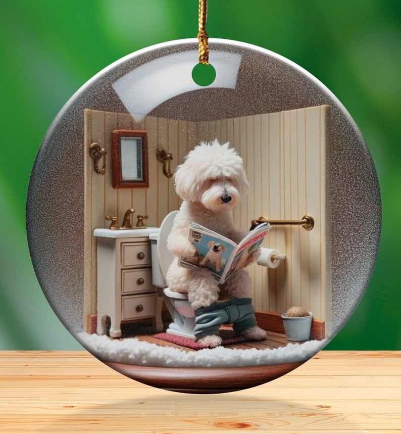Funny Dog Toilet - Ceramic Ornament - Sublimation Print, Goldendoodle Restroom Keepsake image 1