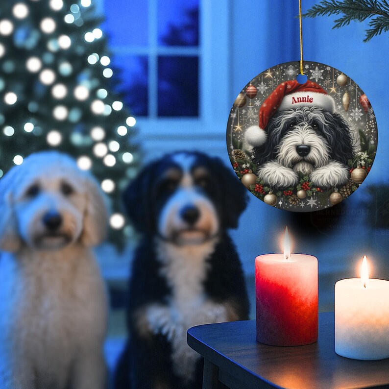 Lover Gift Ceramic, Personalized Sheepadoodle Ornament - Sublimation Print | Double-Sided Artwork | Snowy Winter Keepsake image 9