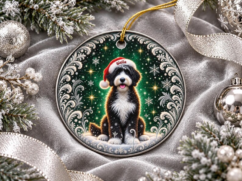 May include: A round ceramic Christmas ornament featuring a black and white Bernedoodle dog wearing a red Santa hat with the name Stella printed on the brim. The background is a dark green gradient with white snowflakes and gold star accents.