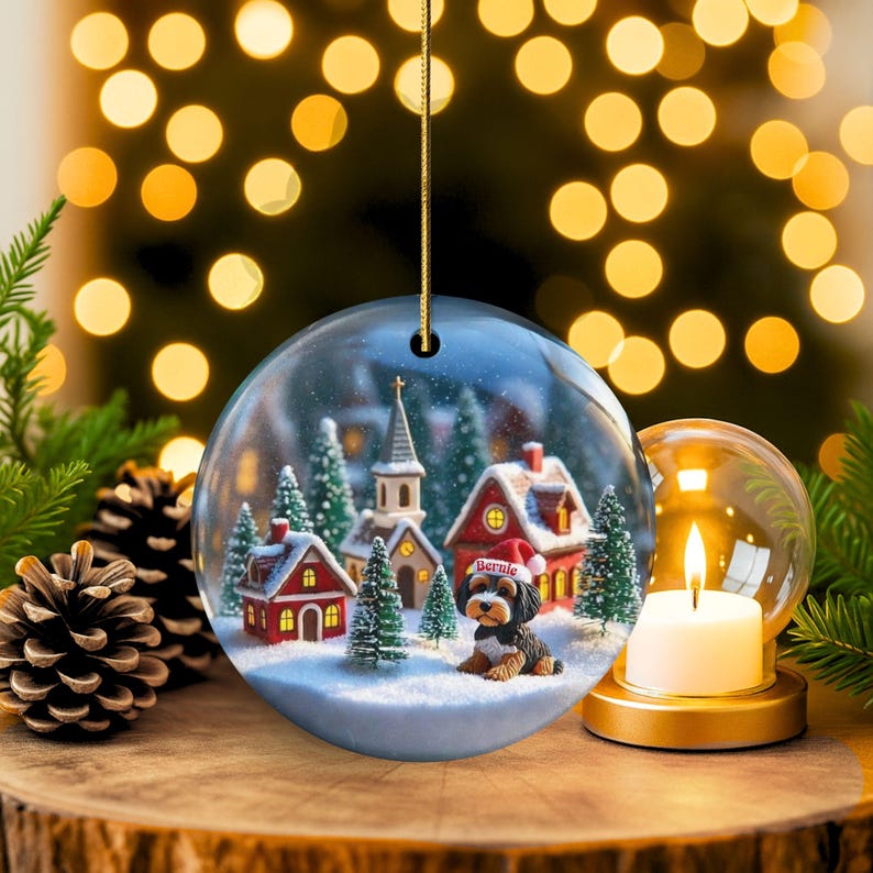 Snow globe style design personalized ceramic bernedoodle ornament with a warm backdrop Christmas dog ornament with festive winter scene.  Great gift idea for doodle moms and doodle dog lovers!