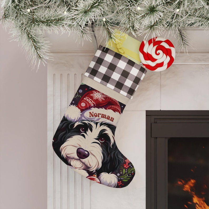 Personalized Bernedoodle Christmas Stocking, Custom Dog Name Santa Hat | Plaid Cuff Pet Stocking | Doodle Mom Gift Bild 3