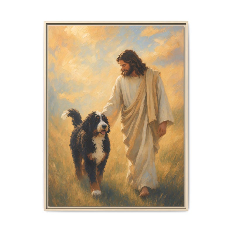 Jesus With Bernedoodle Framed Canvas image 3