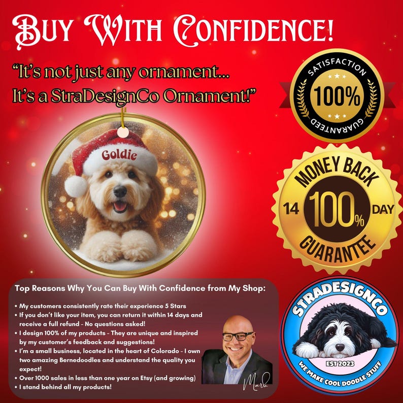 Keramik-Weihnachtsmannmütze, personalisierter Goldendoodle-Weihnachtsbaumschmuck | Sublimationsdruck | 7,6 cm (3 Zoll) Baumdekoration, individuelles Haustier-Andenken, Weihnachtsgeschenk Bild 2