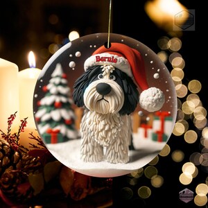 Clay-mation style bernedoodle dog inside of a snowglobe.