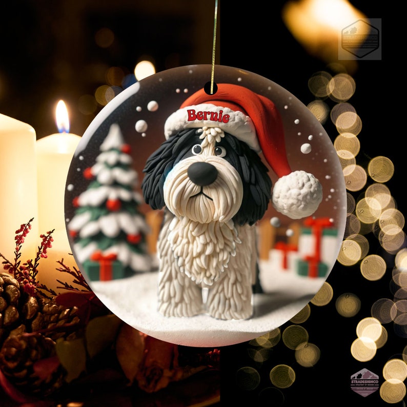 Clay-mation style bernedoodle dog inside of a snowglobe.