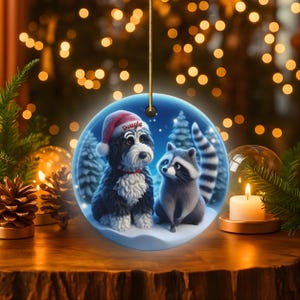 A 3-inch double-sided ceramic Christmas ornament featuring an adorable claymation-style Bernedoodle wearing a red Santa hat personalized  sitting beside a cute raccoon under a snowy winter night sky. The ornament has crisp detailing, soft blue tones, and a warm Christmas glow in the blurred background. Perfect for Bernedoodle lovers, handmade Christmas gift shoppers. High-quality ceramic with vibrant colors, ideal for tree decorating, pet memorial ornaments, or festive seasonal displays.