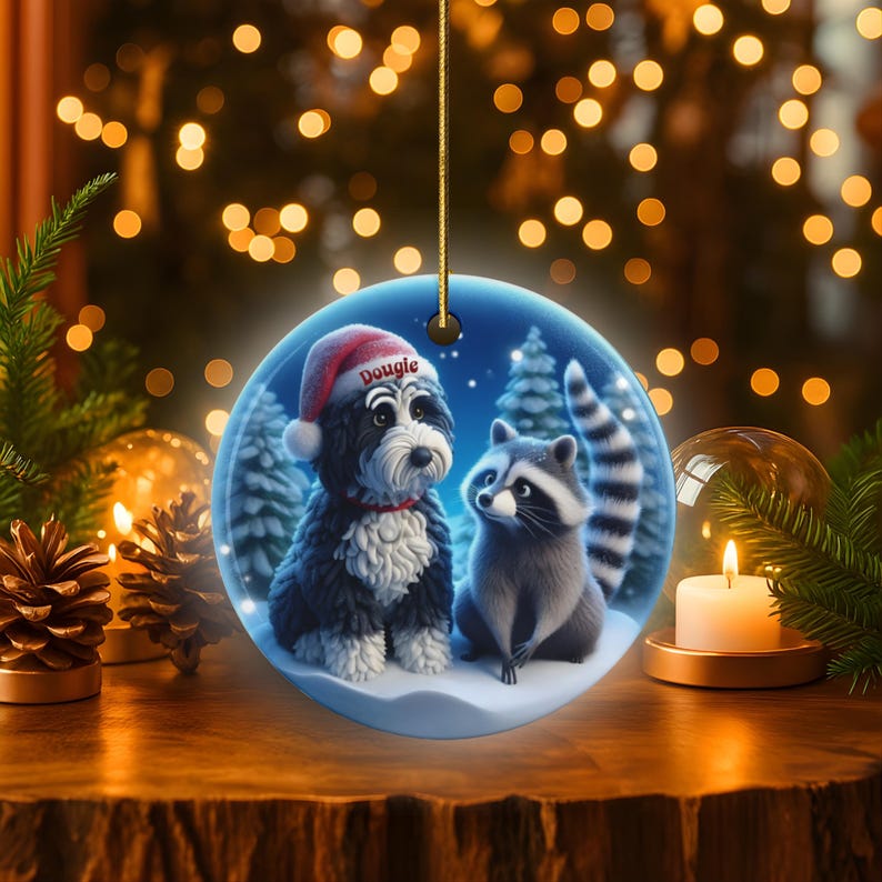 A 3-inch double-sided ceramic Christmas ornament featuring an adorable claymation-style Bernedoodle wearing a red Santa hat personalized  sitting beside a cute raccoon under a snowy winter night sky. The ornament has crisp detailing, soft blue tones, and a warm Christmas glow in the blurred background. Perfect for Bernedoodle lovers, handmade Christmas gift shoppers. High-quality ceramic with vibrant colors, ideal for tree decorating, pet memorial ornaments, or festive seasonal displays.
