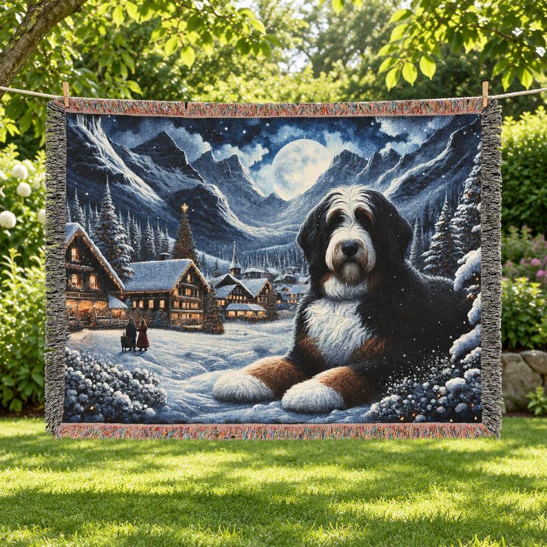 Puede incluir: Una manta tejida que presenta a un gran perro de monta&ntilde;a de Berna descansando en primer plano. El fondo muestra una escena de pueblo invernal nevado con caba&ntilde;as iluminadas, pinos y una luna llena en un cielo estrellado.