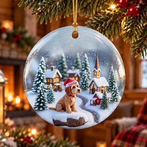 May include: A round ceramic Christmas ornament featuring a winter scene with a golden-colored dog wearing a red Santa hat with the name Goldie printed on it. The scene includes snow-covered pine trees, small houses, and a church.