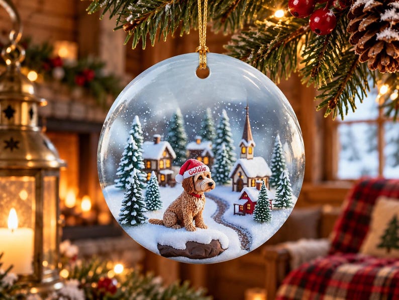 May include: A round ceramic Christmas ornament featuring a winter scene with a golden-colored dog wearing a red Santa hat with the name Goldie printed on it. The scene includes snow-covered pine trees, small houses, and a church.
