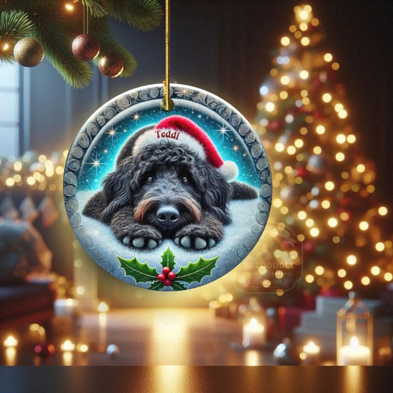 Black goldendoodle ceramic ornament with two sided design.  Black golden doodle , black bernedoodle dog decor.  The picture is showing the ornaments printed on each side.  Gorgeous blue ornament with black doodle dog wearing a santa hat.  Personalized with dog's name.
