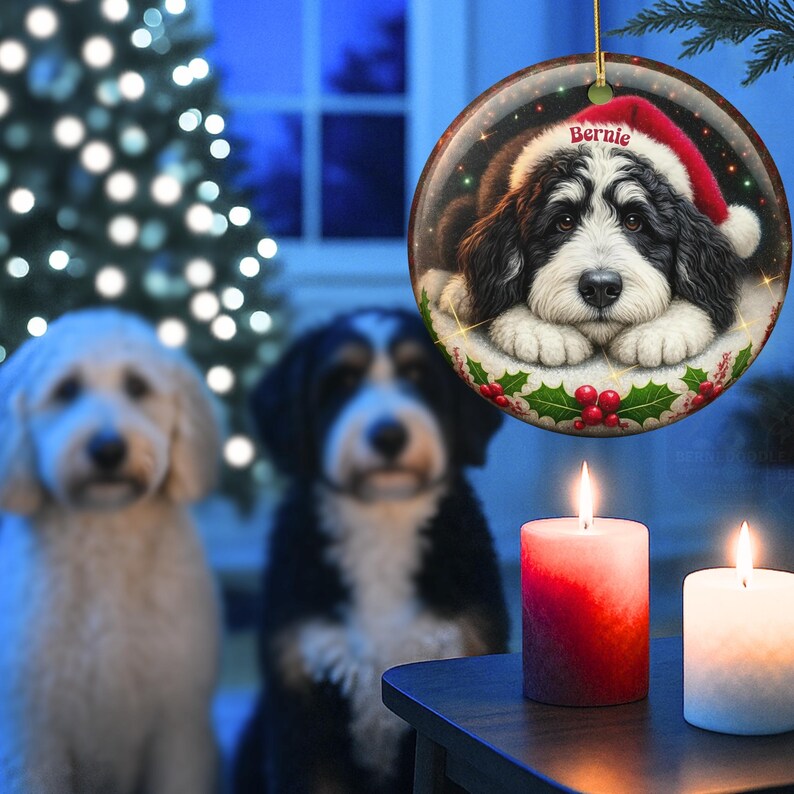May include: A round Christmas ornament featuring a black and white dog wearing a Santa hat, with the name "Bernie" on it. The ornament is hanging in front of a Christmas tree and two lit candles. Two dogs are in the background.