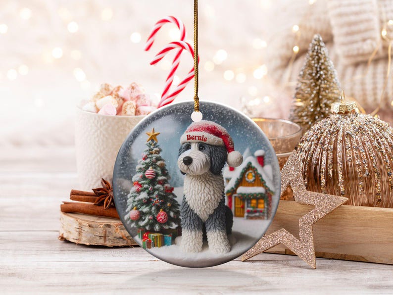 Dog Ceramic Ornament, Sheepadoodle Keepsake - Sublimation Art | Festive Dog Decor, Double Sided Artwork | 3 Inch Christmas Gift image 4