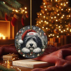 Lover Gift Ceramic, Personalized Sheepadoodle Ornament - Sublimation Print | Double-Sided Artwork | Snowy Winter Keepsake image 2