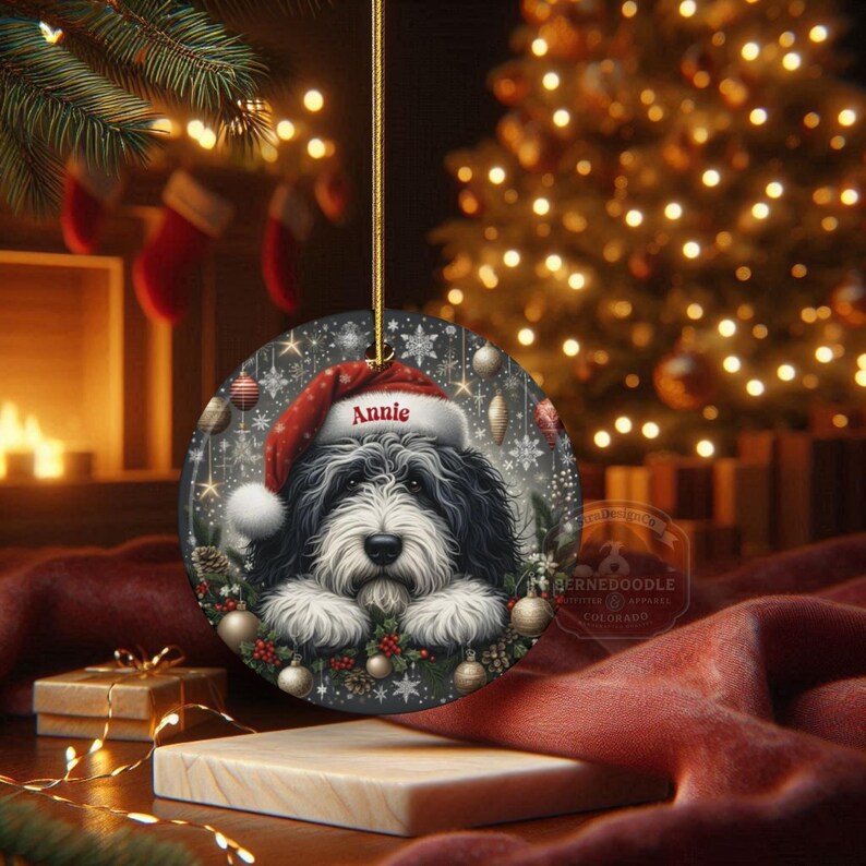 Lover Gift Ceramic, Personalized Sheepadoodle Ornament - Sublimation Print | Double-Sided Artwork | Snowy Winter Keepsake image 2