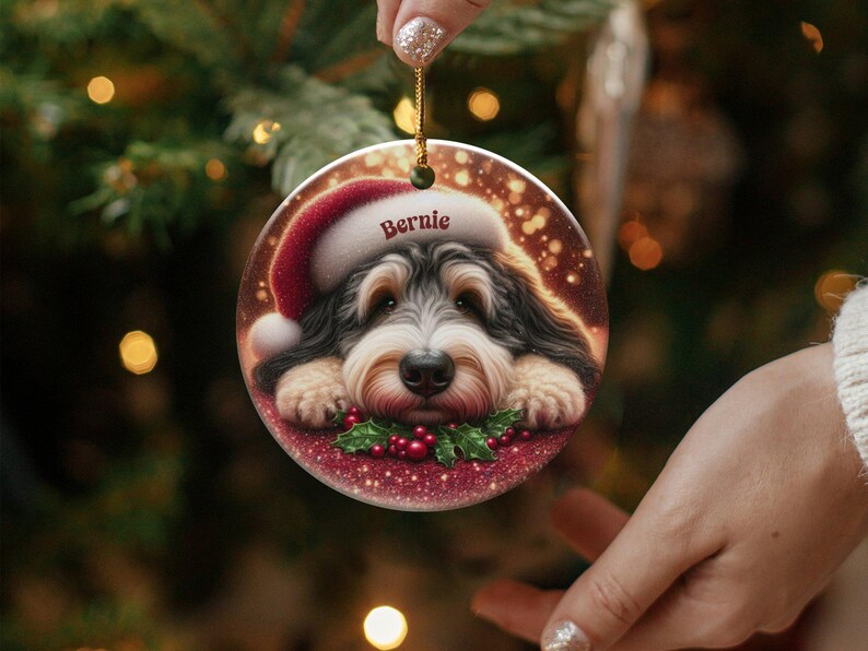 Tri Fade Bernedoodle Ornament, Custom Pet Keepsake | Sublimation Ceramic | 3 Inch Round Holiday Tree Decor image 7