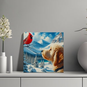 Goldendoodle Dog and Cardinal Art, Choose Canvas or Poster, Dogs and Red Cardinal, white Goldendoodle, Pet Person Gift, Doodle Mom Dad Gifts