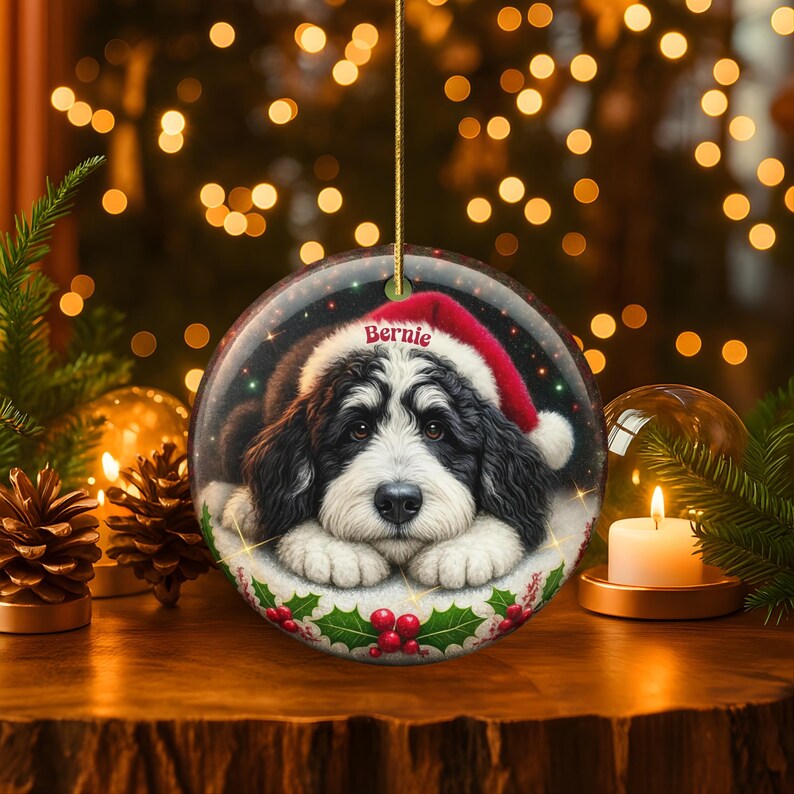 May include: Round Christmas ornament featuring a black and white dog wearing a Santa hat. The dog's name, "Bernie", is printed on the hat. The ornament is decorated with holly and red berries.