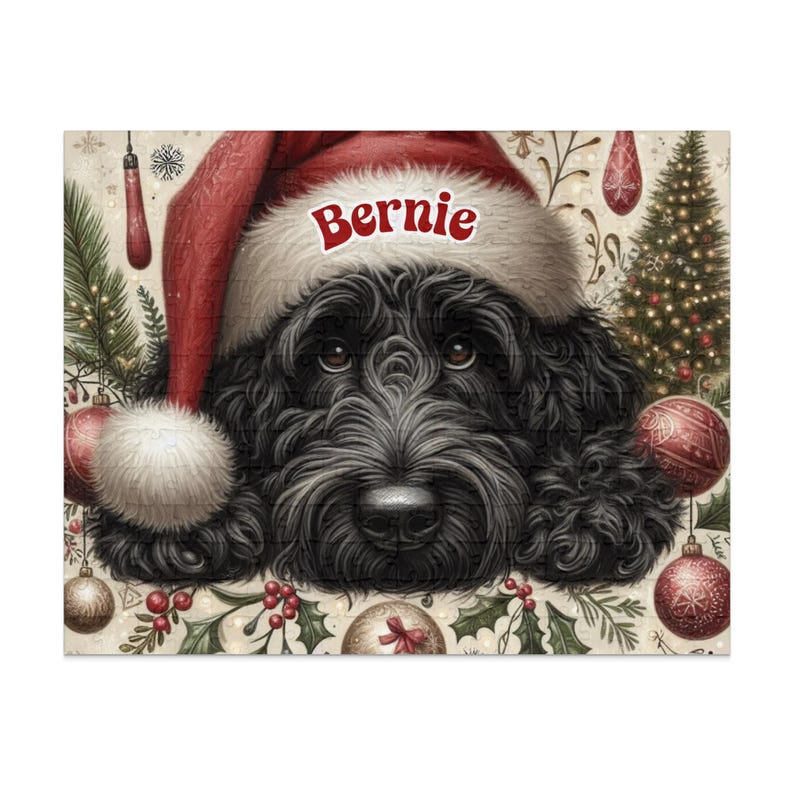 Rompecabezas navideño personalizado de perro Black Doodle, regalo festivo para mascotas imagen 4