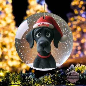 May include: A round ceramic ornament featuring a black dog with large, sad eyes wearing a red Santa hat with the name Whitney printed in red on the white brim. The dog is depicted inside a clear glass snow globe with white snowflakes.
