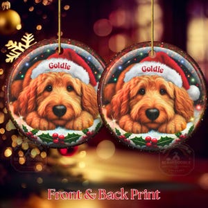 Ceramic golden doodle goldendoodle doodle dog ornament with impressive snow globe style design on both sides.  Excellent doodle mom gift.  Goldendoodle holiday heirloom gift and Christmas Tree Ornament!