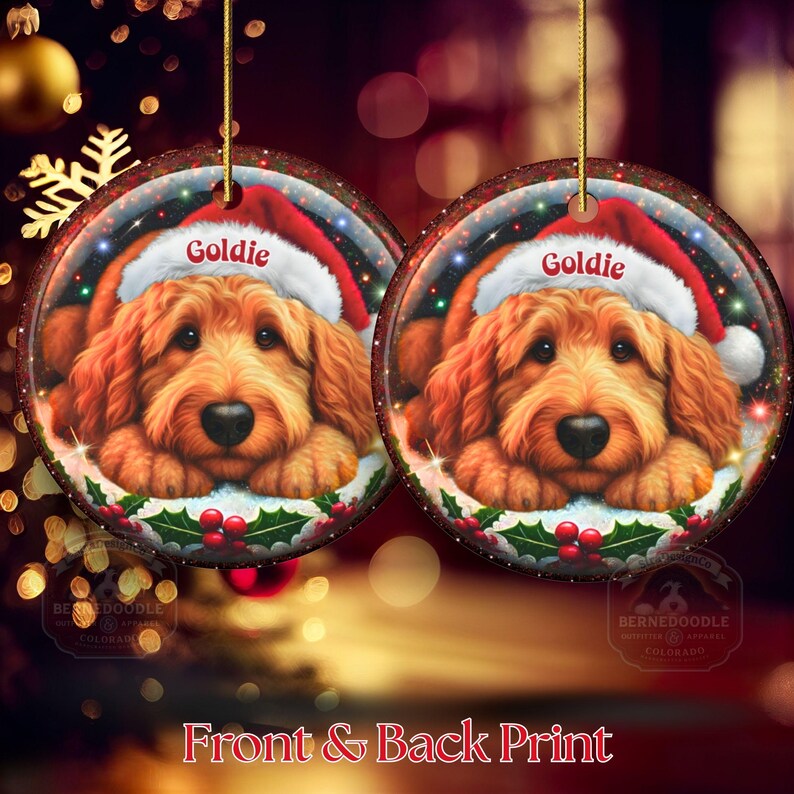 Ceramic golden doodle goldendoodle doodle dog ornament with impressive snow globe style design on both sides.  Excellent doodle mom gift.  Goldendoodle holiday heirloom gift and Christmas Tree Ornament!