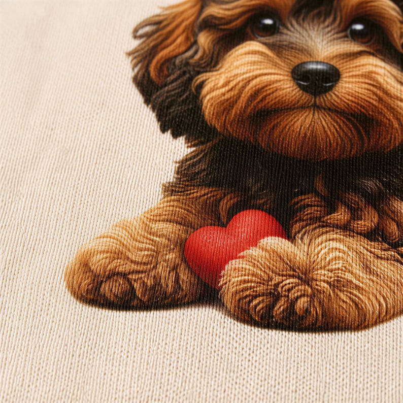 A close-up of a dog's face, with a red heart in its paws, against a textured background.