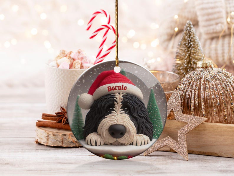 Custom Dog Ornament, Bernedoodle Pet Keepsake | Sublimation Ceramic | 2.76 Inch Round Front Back imagen 4