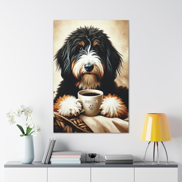 Bernedoodle Dog Sipping Coffee Canvas, Custom Name, Doodle Dog Art, Perfect Dog Person, Dog Lover, Doodle Gift, Personalized Bernedoodle Art
