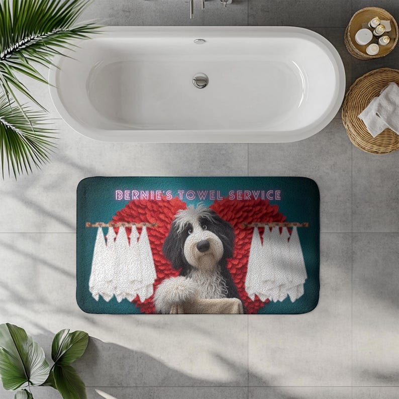 May include: A rectangular bath mat with a teal background features a dog with black and white fur, red wings, and the text "BERNIE'S TOWEL SERVICE". White towels hang on a wooden rod on either side of the dog.