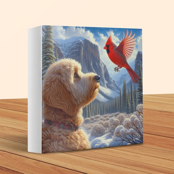 Doodle Dog and Cardinal Canvas Art - Pet Lover Gift