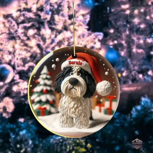 Clay-mation style bernedoodle dog inside of a snowglobe.