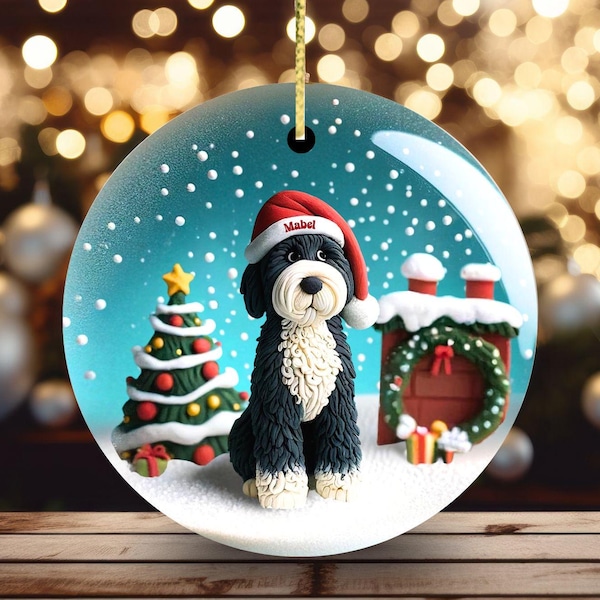 Bernedoodle Festive Holiday Ornament, Custom Dog Name | Sublimation Ceramic | 2.76 Inch Round Keepsake, Pet Parent Gift