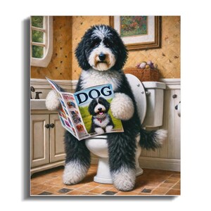 Grappige Bernedoodle op het toilet, canvas, badkamerkunst voor hondenliefhebbers (20x24) afbeelding 3