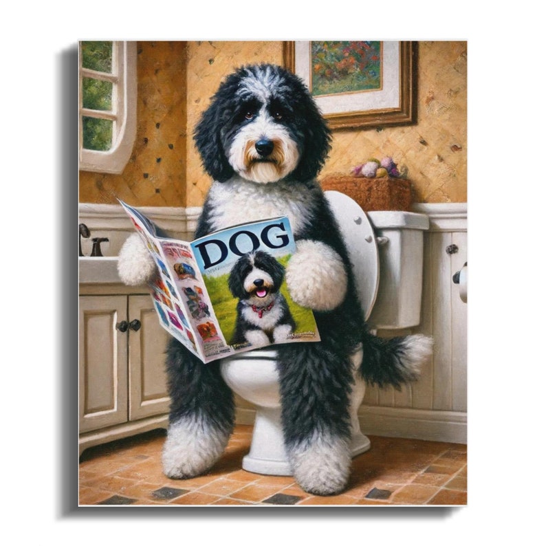 Grappige Bernedoodle op het toilet, canvas, badkamerkunst voor hondenliefhebbers (20x24) afbeelding 3