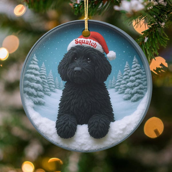 Bernedoodle Ornament, Black Puppy Santa Hat - Sublimation Ceramic | Two-Sided Keepsake | 3 Inch Festive Christmas Decor
