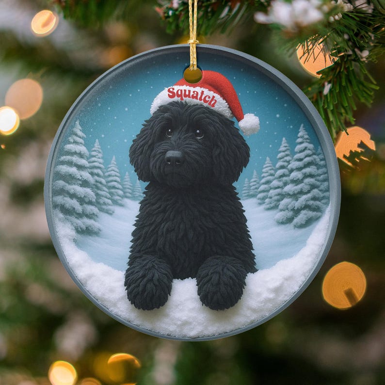 Adorable Black Dog Christmas Ornament, Festive Winter Scene Pet Decoration, Personalized Holiday Tree Decor, Cute Puppy Gift