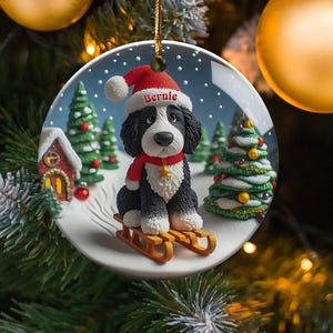 Bernedoodle Ornament, Festive Dog Sled - Snow Globe Style (3 Inch Ceramic, Sublimation) immagine 1