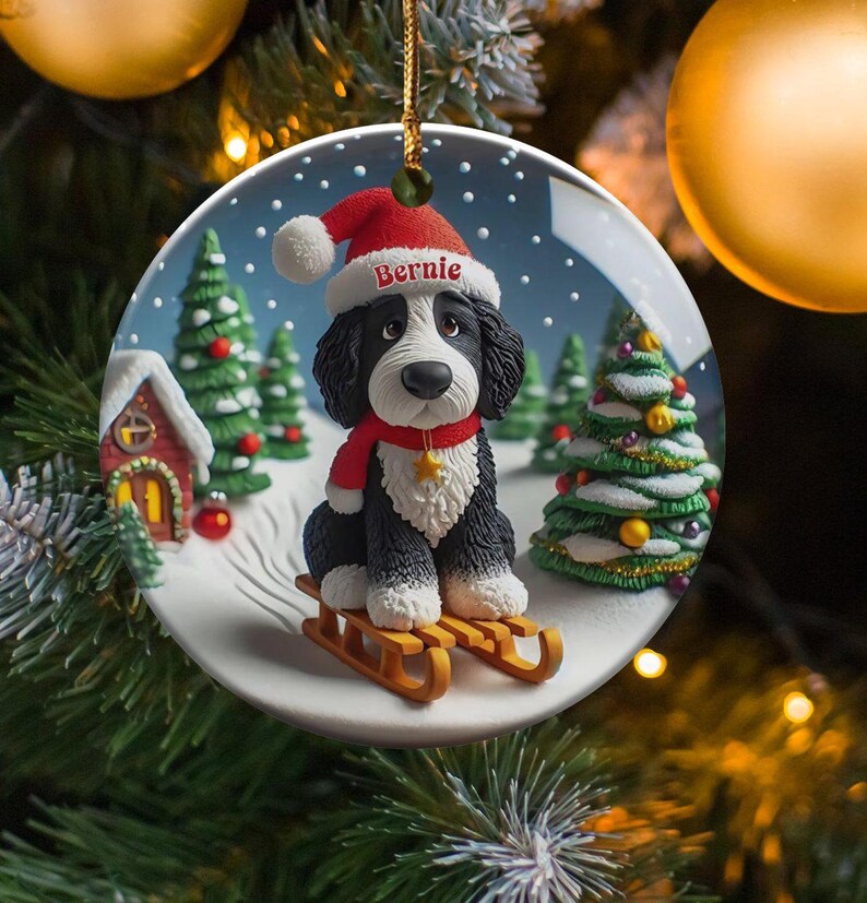 Bernedoodle Ornament, Festive Dog Sled - Snow Globe Style (3 Inch Ceramic, Sublimation) immagine 1