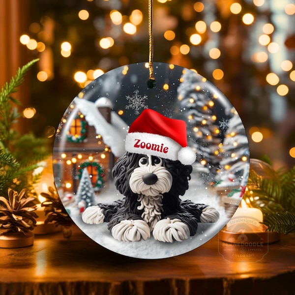 Custom Dog Ornament - Bernedoodle Keepsake - Two-Sided Ceramic Sublimation, Personalized Santa Hat Gift