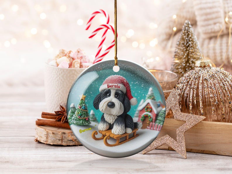 Ceramiczna ozdoba z motywem bernedoodle'a, dwustronna sublimacja | 7,5 cm ozdoba choinkowa | Pamiątkowy prezent dla miłośnika psów zdjęcie 2