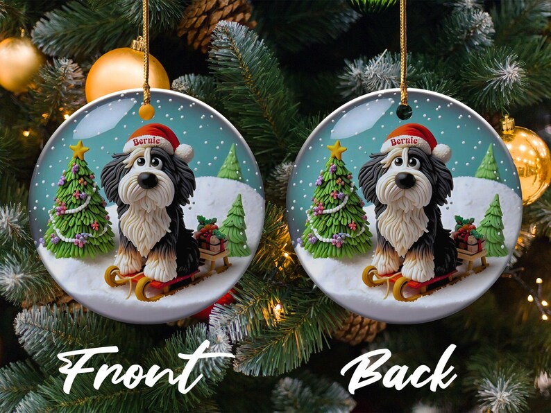 Bernedoodle Sledding, Snow Globe Style Ornament | Ceramic | 3 Inch Personalized Double Sided Keepsake afbeelding 4