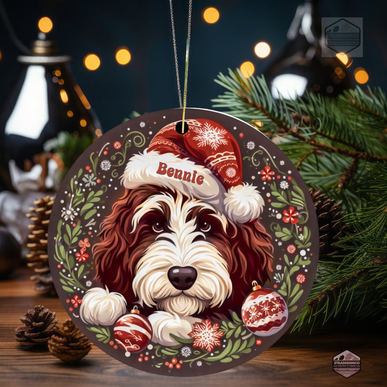 Festive Bernedoodle Holiday Ornament with Santa Hat - Personalize for Christmas