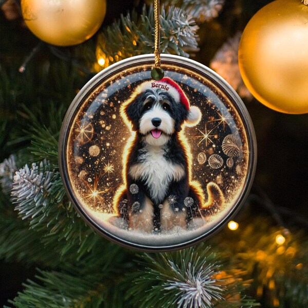 Bernedoodle Ornament, Festive Santa Hat | Sublimation | Custom Holiday Keepsake