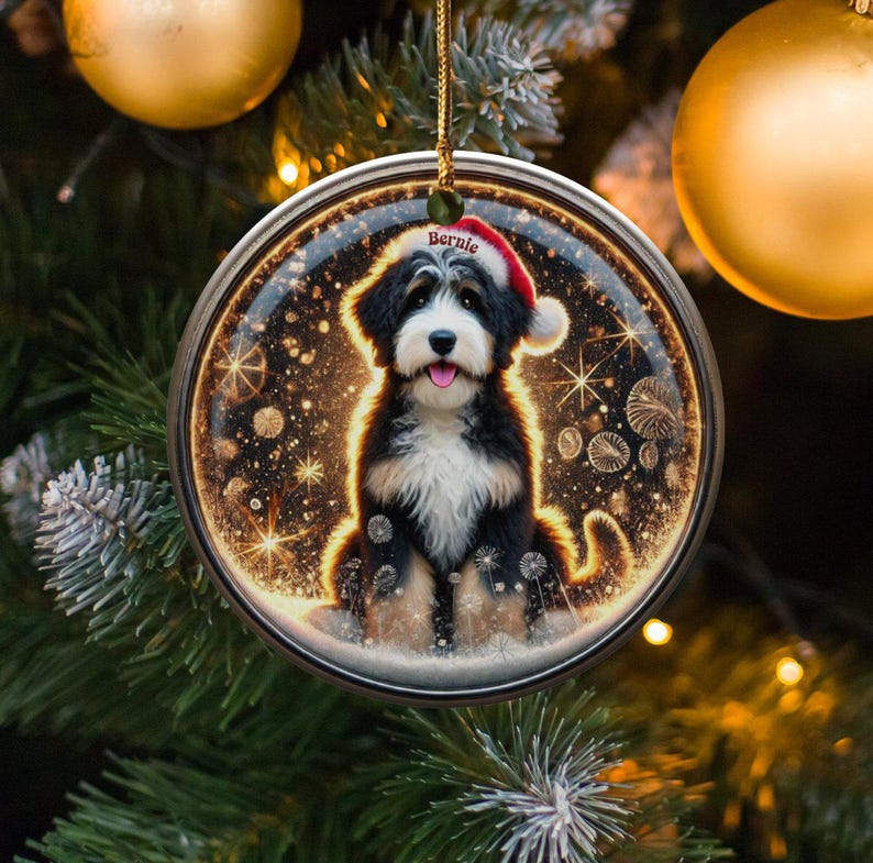 Ozdoba Bernedoodle, świąteczna czapka Mikołaja | Sublimacja | Spersonalizowana pamiątka świąteczna zdjęcie 1